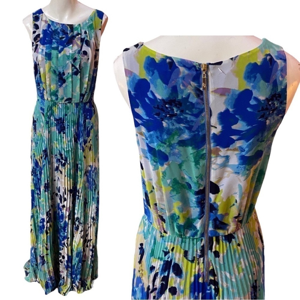 Eliza J Blue & Green Floral Pleated Maxi Dress with Zip Back
